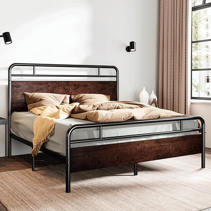 SHA CERLIN Full Size Bed Frame with Wooden Headboard and Footboard, Rounded Corner Metal Structure, Heavy Duty Slats with Under-Bed Storage, No Box Spring Needed, Mahogany