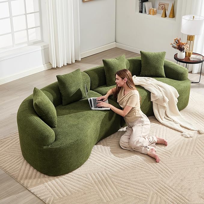 110" Oversized Cloud Sectional Sofa Modern Curved Boneless Couches for Living Room, 4-Seater Extra Deep Seat Foam Floor Compressed Couch w/Tight Backrest and 4 Pillows,Chenille Sofa & Couches | Breathable material, Non-slip, No Assembly Required