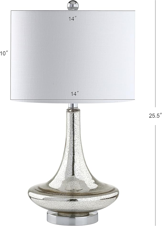 JONATHAN Y 25.5" Mercury Silver Glass Teardrop Table Lamp Set of 2 for Bedroom, Modern Bedside Lamps for Living Room, White Linen Drum Shade, LED Bulbs Included JYL1081A-SET2
