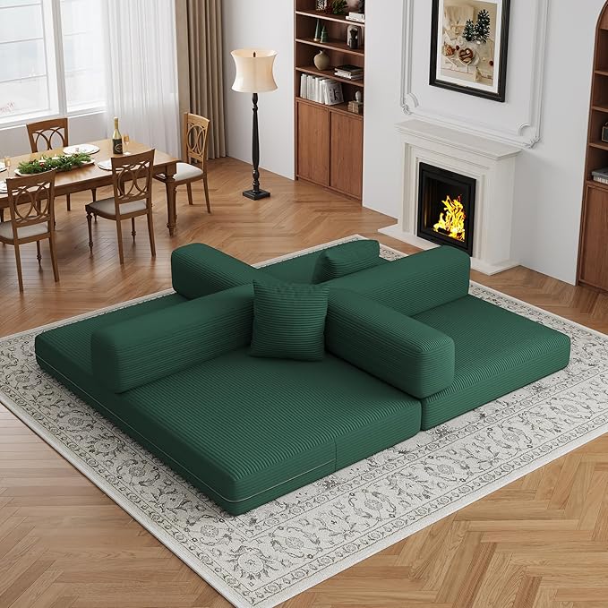 BSHOMGI 4-in-1 Foldable Sofa Bed Teddy Fabric Foam-Filled Compressed Couch, Convertible Loveseat Sofa, Boneless FoldingSleeper for Living Room, Guest Bed, Playroom (Green, 59” 2 Seat)
