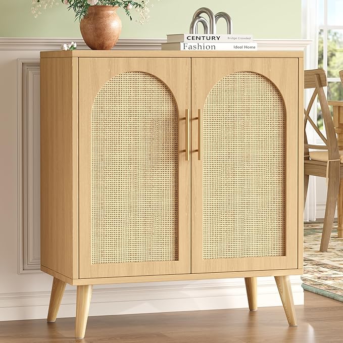 Rattan Buffet Cabinet with Storage, Boho Buffet Table with Adjustable Shelf and Solid Wood Legs, Accent Sideboard with Doors, Floor Cabinet for Kitchen, Dining Room and Living Room, Natural