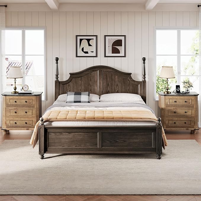 DWVO Nightstand Set of 2 with Charging Station, 29" Wide Farmhouse Bedside Table with 3 Drawers, Wood Night Stand w/Storage, Rustic Bed Side End Table for Bedroom Dorm Small Space, Brown