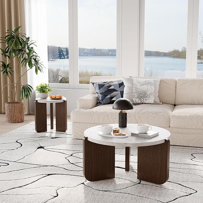 COSIEST Modern Round Coffee Table & 2 Side Tables Set, Faux Marble Wood Top, Walnut & Cream White Legs, Minimalist Living Room Center & Accent Tables(3 PCS)