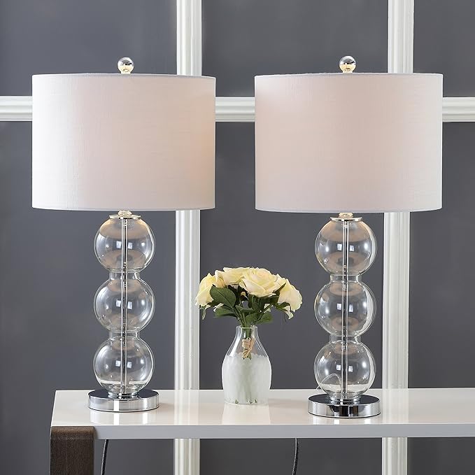 JONATHAN Y 27" Clear/Chrome Triple-Sphere Glass Table Lamp Set of 2, Bedside, White Linen Shade, Modern Table Lamps for Living Room, Bedroom, Office, LED Bulbs Included (JYL1070D-SET2)