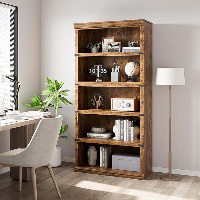 GAOMON 5 Tier Bookcase, Farmhouse Book Shelf with Storage Open Display Bookshelves,67.4" Tall Book Case Wooden for Home Office, Living Room, Bed Room (Brown, 67.4" H x 31.5" W x 12.8" D)