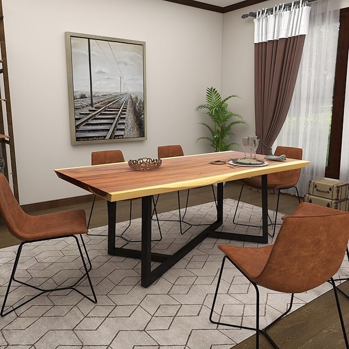 Deco 79 Wood Rectangle Dining Table with Black Metal Base, 79" x 40" x 30", Brown