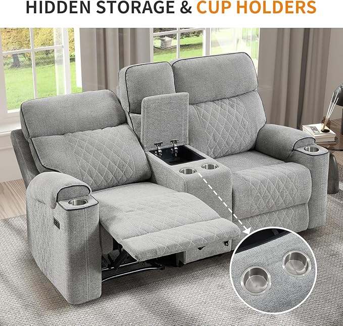EBELLO Power Reclining Sofa Couch, Fabric Electric Recliner Loveseat Sofa with Cup Holders, USB Type-C Charging Ports and Storage Space, 2 Seats for Small Living Room, Bedroom and Meeting Room, Grey