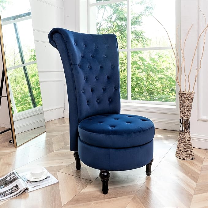 Royal High-Back Velvet Accent Chair for Vanity with Storage and Luxurious Upholstery, Retro Design and Versatile Usage for Living Room, Bedroom, Lounge and Office, Dark Blue