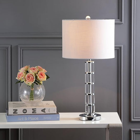 JONATHAN Y 26" Clear Crystal and Chrome LED Table Lamp, Modern Glam Pillar Bedside Lamp with White Linen Drum Shade for Living Room Bedroom, LED Bulb Included JYL2053A