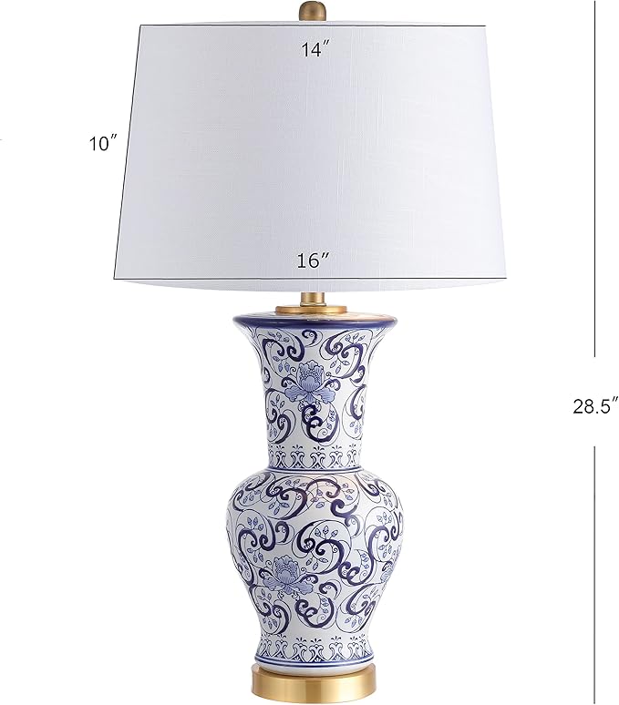 JONATHAN Y 28.5" Blue/White Chinoiserie Ceramic LED Table Lamp, Traditional Hand-Painted Floral Vase Lamp for Living Room, White Linen Shade, LED Bulb Included JYL5014A