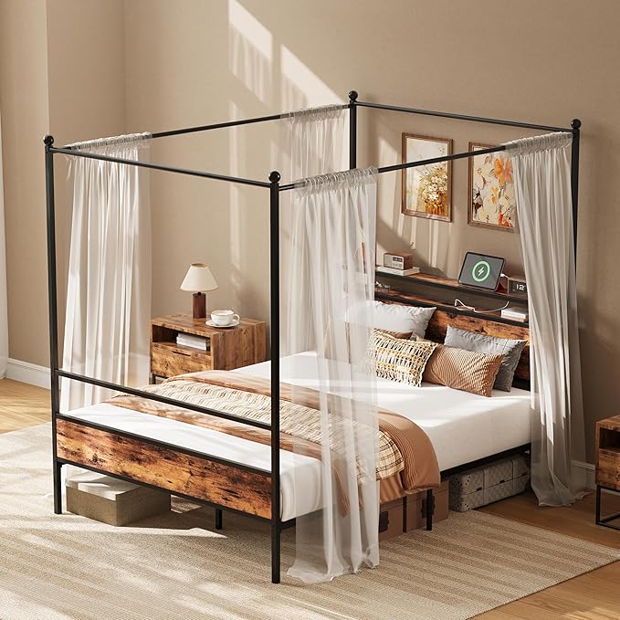 LIKIMIO Canopy Bed Frame Queen with Storage Headboard & Charging Station, Sturdy Metal Platform Bed with 4 Removable Posts, Dual Purpose Bed Frame, No Box Spring Needed, Noise Free