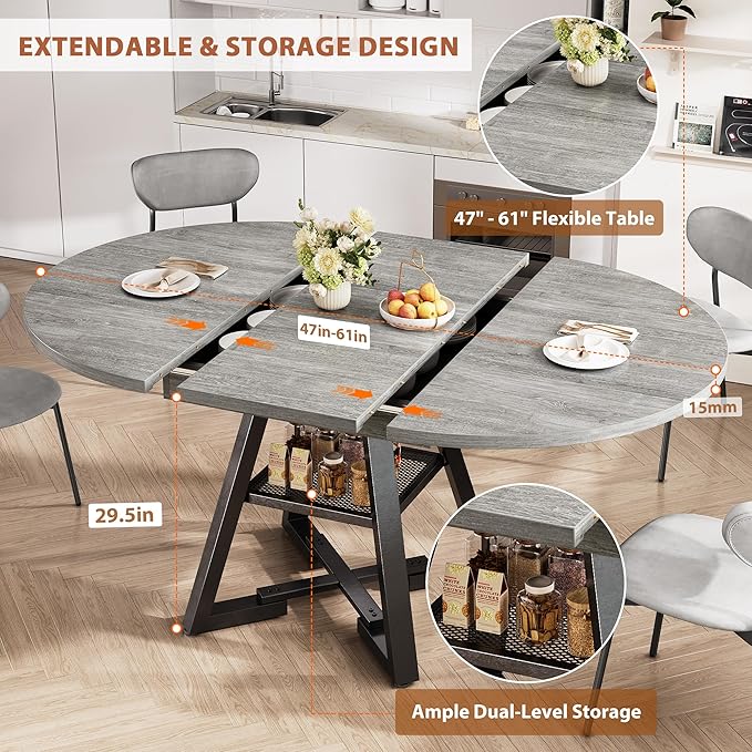Round Dining Table Kitchen Dining Room Dinner Table for 4-6, Space Saving Extendable Oval Circle Furniture with Pedestal Base and Storage Shelf for Kitchen Living Room (Grey, for 6-8)