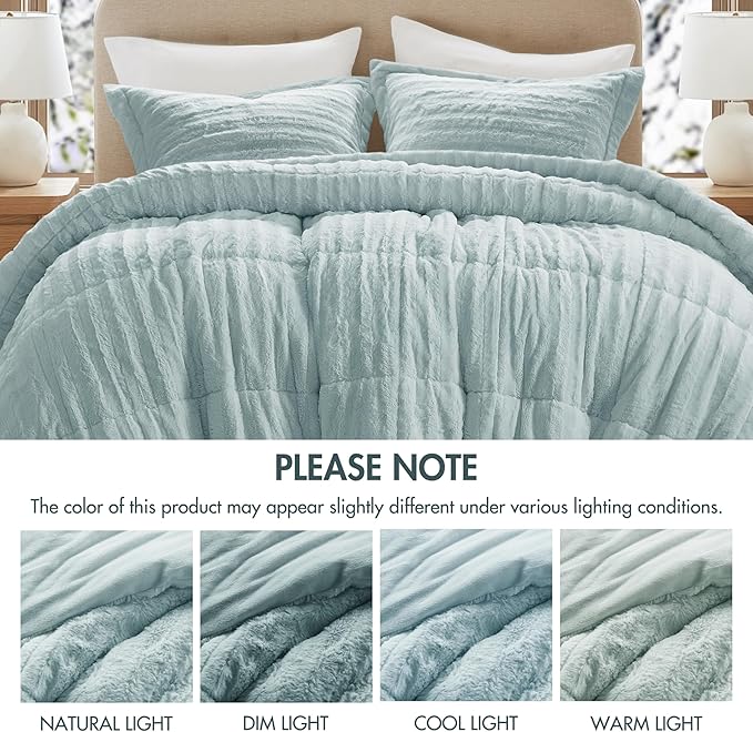 Madison Park Duke Luxe Faux Fur Reversible Comforter Set, Soft Plush Reverse, Modern Down Alternative Filling Cozy Bedding, Box Quilted Warm Cover, Matching Shams, King/Cal King, Aqua 3 Piece