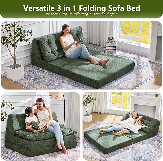 Hobestluk Sofa Couch Folding Sofa Bed Sleeper Comfy Floor Lounger Loveseat Sofa with Removable Cushion Couches Foldable Mattress for Living Room Bedroom or Office (Chenille Green, Oversize)