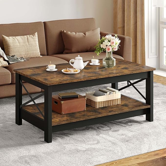 YITAHOME Coffee Tables for Living Room, Modern Farmhouse Coffee Table with Storage, 2-Tier Center Table for Living Room Wood Table Accent Cocktail with Sturdy Frame, Rustic Brown