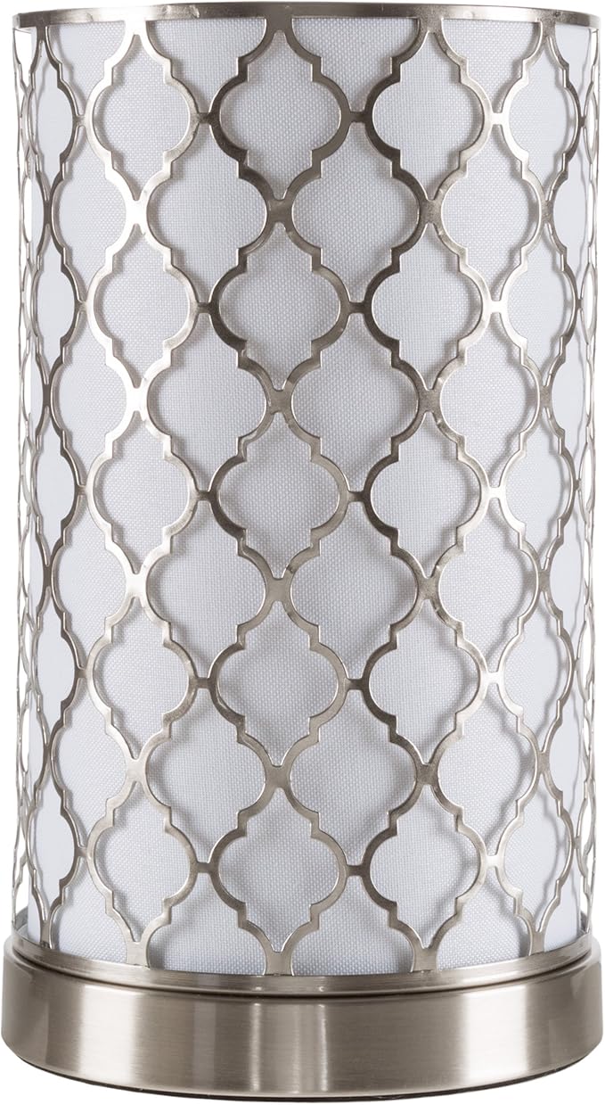 LED Uplight Table Lamp with Steel Finish, Fabric Overwrap, Laser Cut Quatrefoil Pattern and Included LED Light Bulb for Home Uplighting by Lavish Home