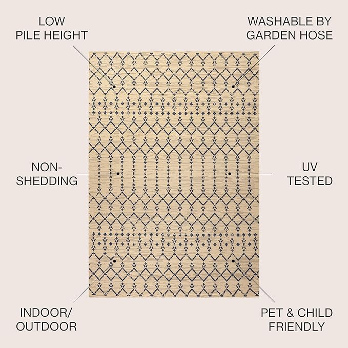 JONATHAN Y Moroccan Geometric Indoor Outdoor Square Area Rug 9X9 Beige/Navy, Ourika Textured Weave for Backyard, Patio, Porch, Easy-Cleaning, High Traffic, Pet-Friendly, Non-Shedding (SMB108H-9SQ)
