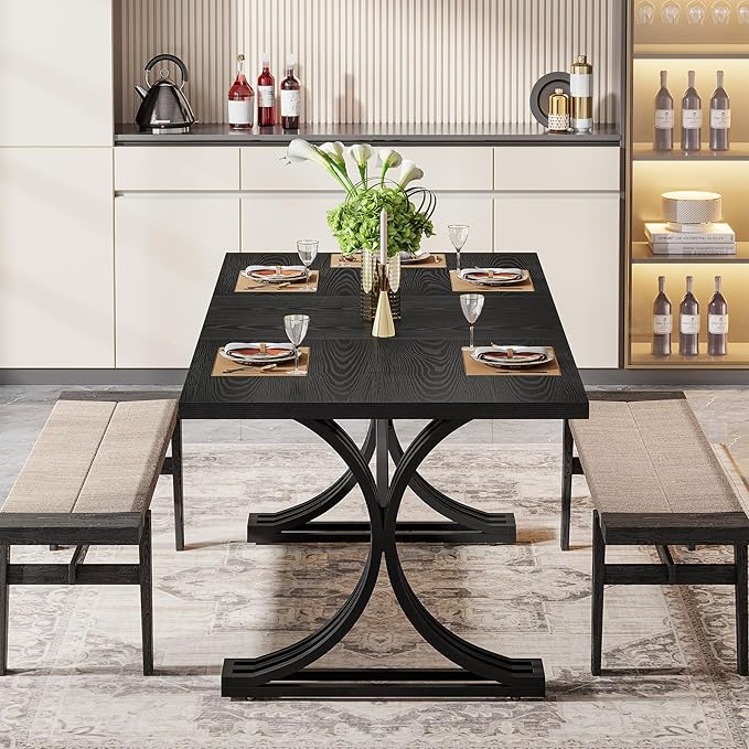 Tribesigns 63-Inch Rectangular Dining Table for 4 to 6, Modern Kitchen Tables with Stylish Metal Trestle Legs, Large Dinner Table for Dining Room, Only Table (Black)