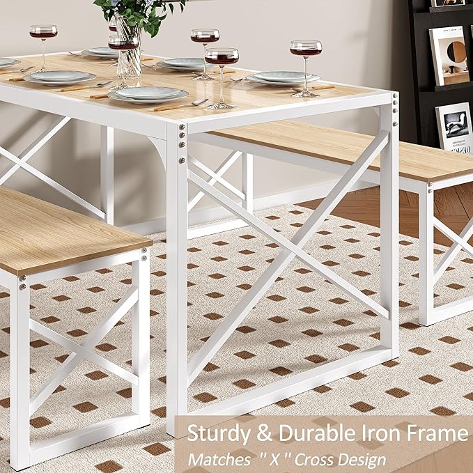 VECELO 55" Kitchen Dining Table Set for 4-6, Wood Dinette 2 Benches with Metal Frame for Dinner Breakfast Nook and Small Space, Oak