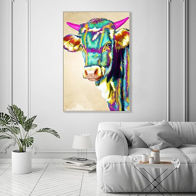 Country Farmhouse Canvas Print Painting Animal Wall Art 'Fun Colorful Glam Farm Cow' Champagne Framed Canvas Rustic Home Décor 36x54 in Green, Pink by Oliver Gal