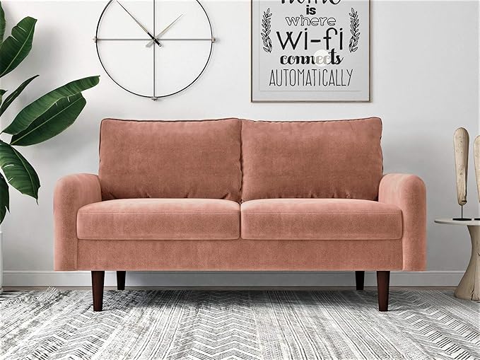 Container Furniture Direct Americus Velvet Upholstered Sofa and Loveseat Set, Couches for Living Room with Luxurious Mid Century Modern Design and Wooden Base, 2 Piece, Rose