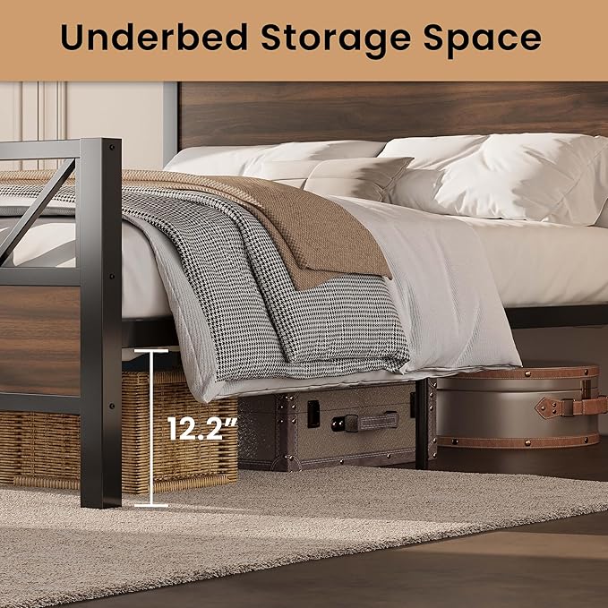 LIKIMIO Queen Bed Frame, Tall Industrial Headboard 51.2 ", Platform Bed Frame with Strong Metal Support, Solid and Stable, Noise Free, No Box Spring Needed, Easy Assembly, Walnut