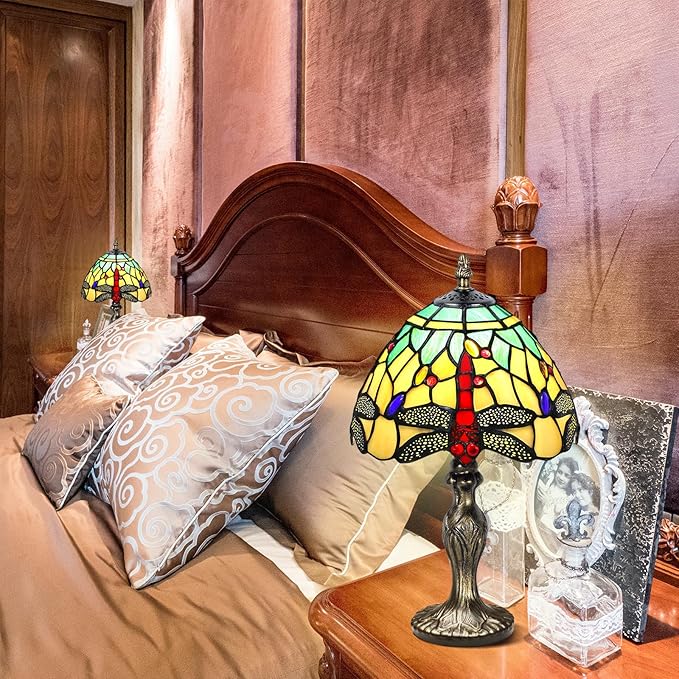 MIAOKE Stained Glass Table Lamp,Stained Glass Crystal Bead Style Table Light,Handmade Desk Bedside Night Light,Antique Art Craft Gifts Living Room Bedroom Bookcase(Green&White Dragonfly)