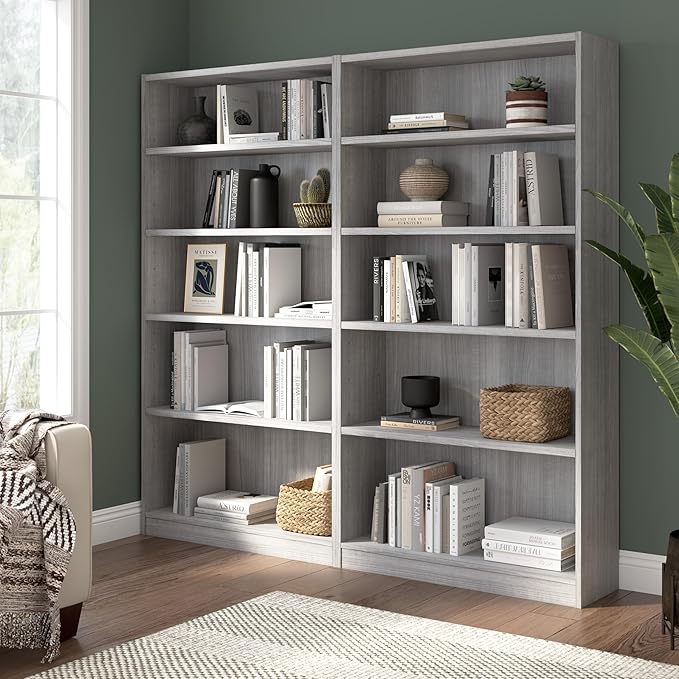 Bush Furniture Universal Tall 5 Shelf Bookcase in Platinum Gray - Set of 2, Matching Storage and Display Bookshelves for Home Office or Living Room Organization