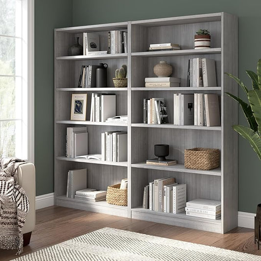 Bush Furniture Universal Tall 5 Shelf Bookcase in Platinum Gray - Set of 2, Matching Storage and Display Bookshelves for Home Office or Living Room Organization