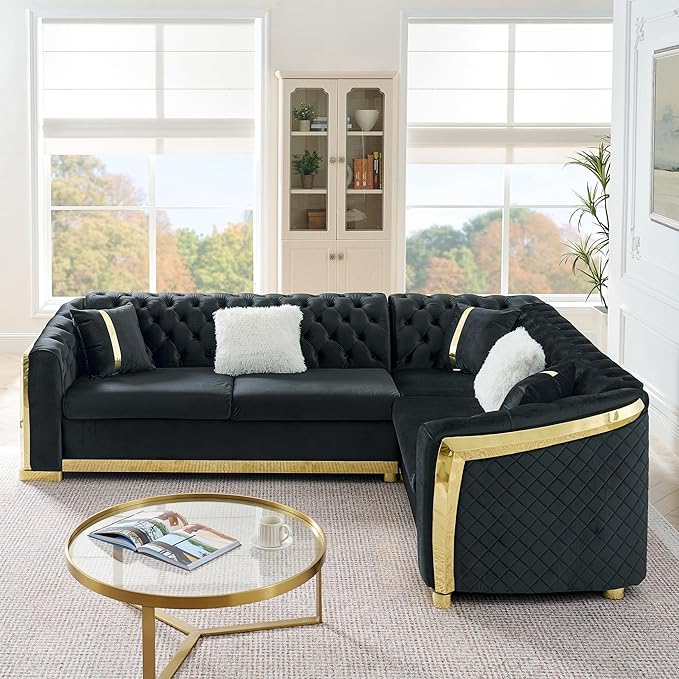 KEIKI 106" L-Shaped Luxury Velvet Chesterfield Sectional Sofa with Gold Stainless Steel Accents and 5 Pillows, Mid-Century Oversized 5-Seater Button Tufted Couch, Easy Assembly, for Living Room, Black