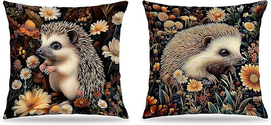 William Morris Inspired-Vintage Floral Hedgehog Pillow Covers 18x18 Set of 2, Dark Cottagecore Decor, Moody Rustic Botanical Hedgehog Wildlife Decor Pillow Covers for Home Living Room Bedroom