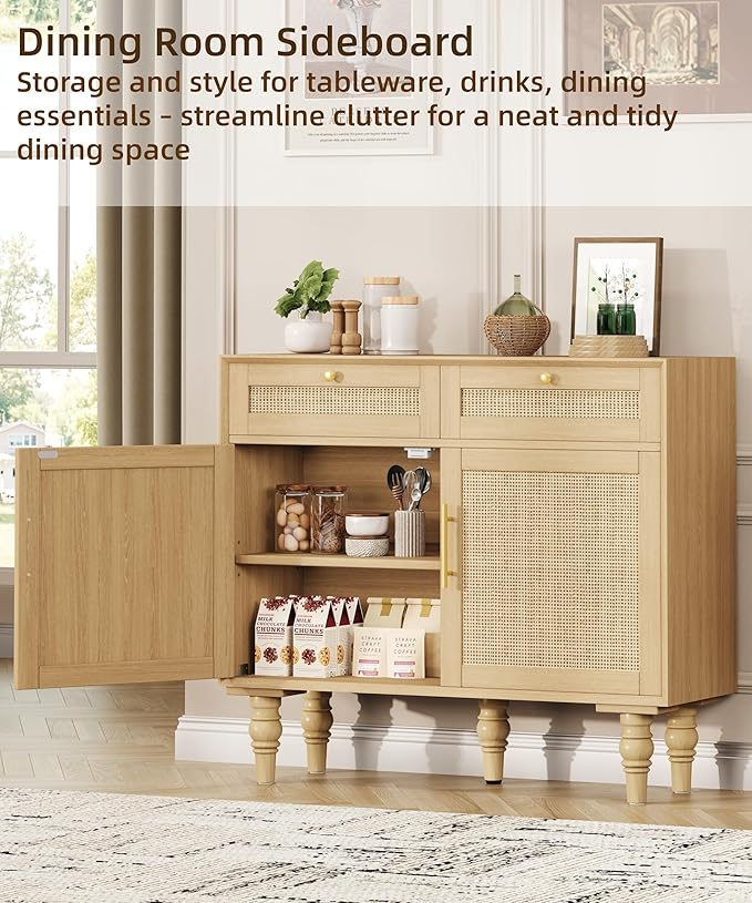 35.4" Rattan Buffet Sideboard Cabinet with Storage, Boho Buffet Table with Adjustable Shelf & 2 Drawer, Floor Storage Cabinet with Solid Wood Legs for Kitchen, Dining Room and Living Room, Natural