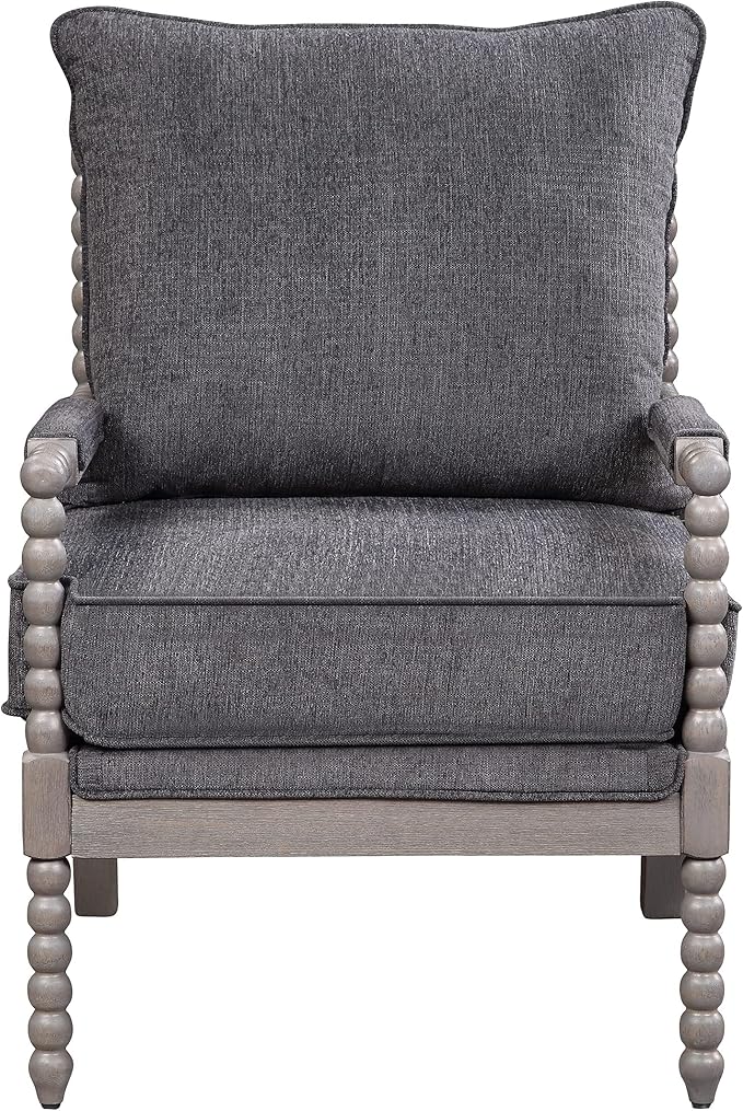 OSP Home Furnishings Abbott Spindle Accent Chair with Padded Spring Seat and Brushed Grey Base, Charcoal Fabric