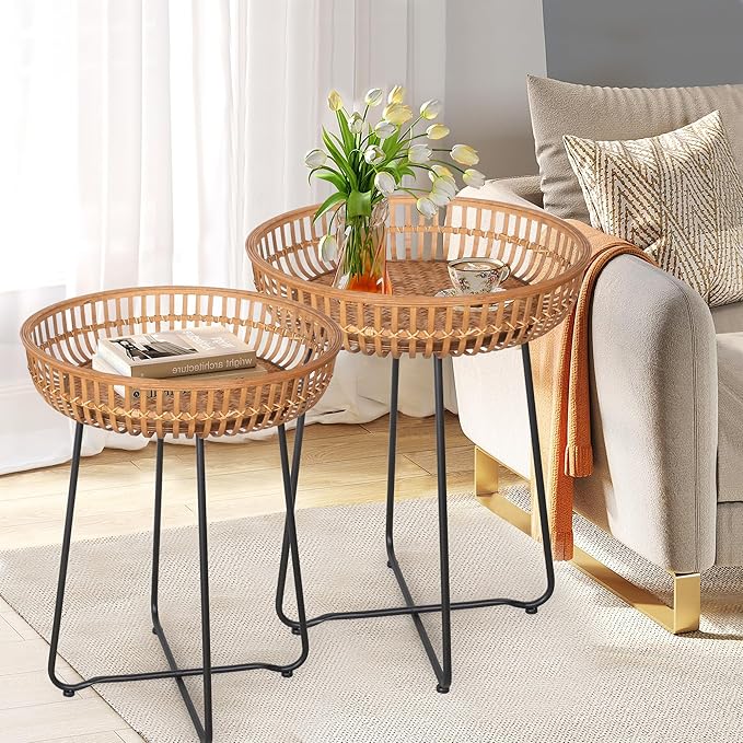 Oakrain Round Side Table, Nesting Tables Set of 2, Bamboo Coffee Table with Metal Base for Boho Living Room, Sofa, Bedroom, Terrace (20.47inch, Set of 2)