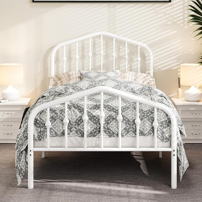 Allewie Twin Size Metal Platform Bed Frame with Vintage Headboard and Footboard, No Box Spring Needed, Easy Assembly, White