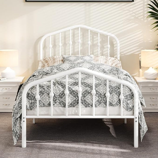 Allewie Twin Size Metal Platform Bed Frame with Vintage Headboard and Footboard, No Box Spring Needed, Easy Assembly, White