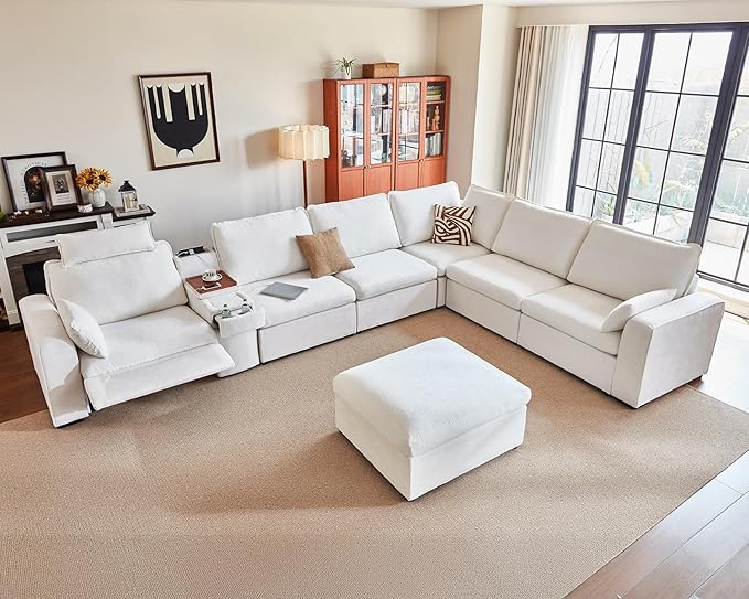 169.7" Oversized Modular Power Recliner Sofa with Headrest, Wall Hugger Cloud Reclining Couch, Drawer Charging Cup Holders, Deep 7-Seater Sectional with Corner and Storage Ottoman, Chenille, White