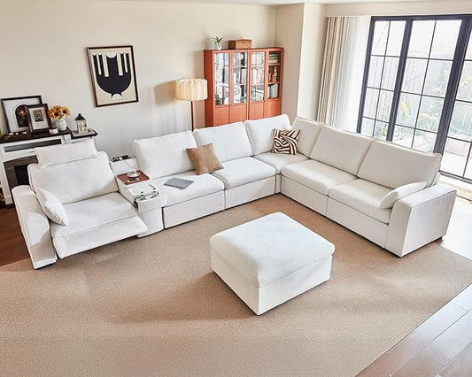 169.7" Oversized Modular Power Recliner Sofa with Headrest, Wall Hugger Cloud Reclining Couch, Drawer Charging Cup Holders, Deep 7-Seater Sectional with Corner and Storage Ottoman, Chenille, White