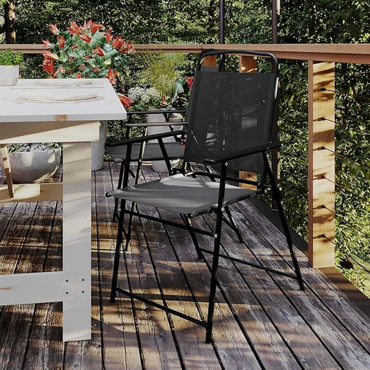 Flash Furniture Mystic Folding Patio Sling Chairs, Outdoor Textilene Lawn Chairs with Armrests, Set of 4, Black