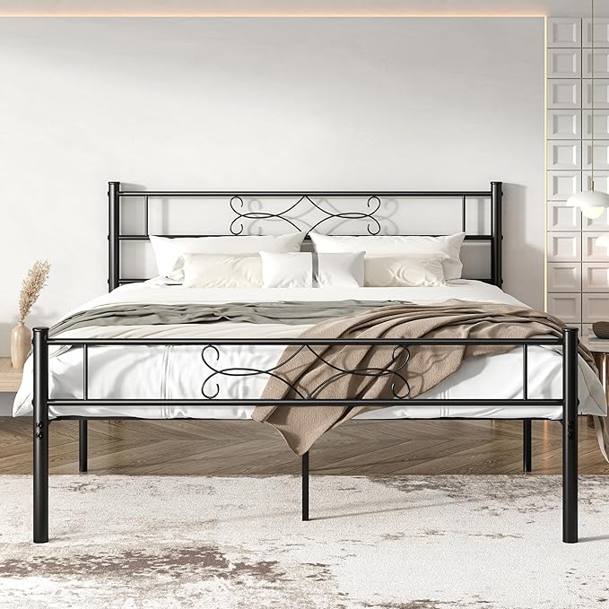 VECELO Queen Size Metal Platform Bed Frame with Headboard/Premium Steel Slat Support/No Box Spring Needed/Noise-Free Anti-Slip/Easy Assembly