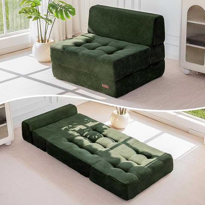 MAXYOYO 8" Folding Sofa Bed, Convertible Sleeper Sofa Lounger Foldable Mattress, Wedge Shape Floor Couch Tufted Fold Out Chair Bed Comfy Floor Couch Lounge for Living Room Bedroom, Single, Dark Green