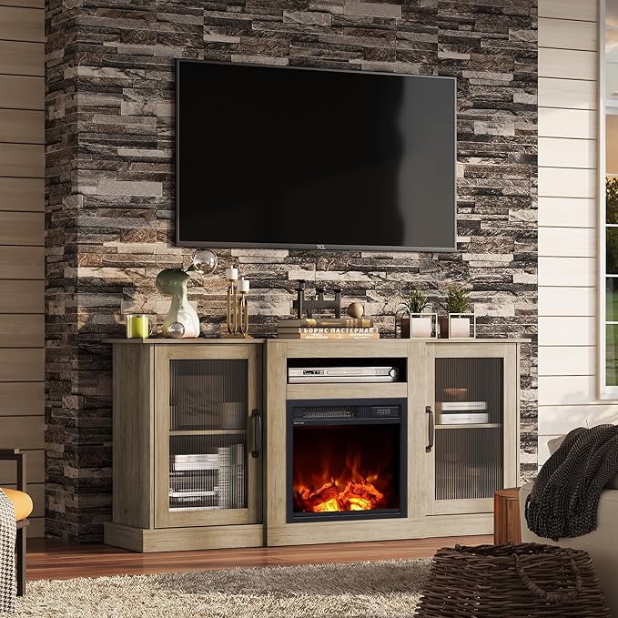WLIVE Fireplace TV Stand for 65" TV, Entertainment Center with 18 Inch Electric Fireplace, TV Console with Open Shelves for Living Room and Bedroom, Greige