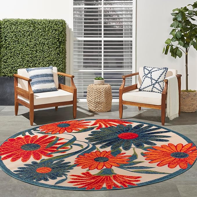 Nourison Home Aloha Ivory Multicolor 7'10" x Round Area Rug - Easy Clean, Non Shedding, Bed Room, Living Room, Dining Room, Kitchen (8' x Round)