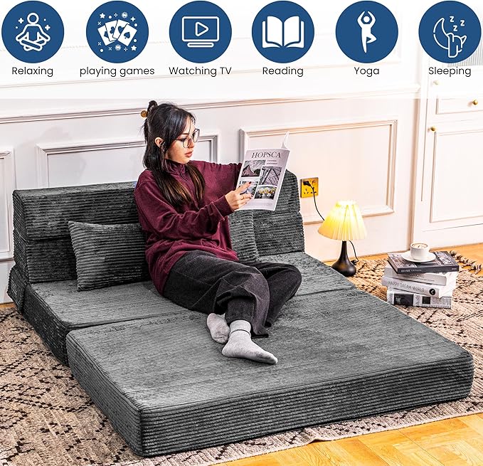 Cvortll Folding Sofa Bed, Convertible Sleeper Chair with Pillow, High Density Memory Foam Fold Out Couch, Foldable Mattress Futon Sofa for Living Room/Dorm/Guest Use/Apartment/Home Office