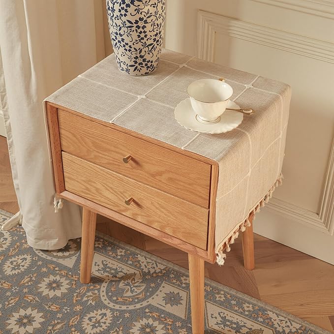 Modern Nightstand Cover with Tassels,Rustic Plaid End Table Cover Cloth,Square nightstand dust Cover and Dresser Cover top for Living Room.Machine Washable (Coffee,43.4" L x 15.7" W)
