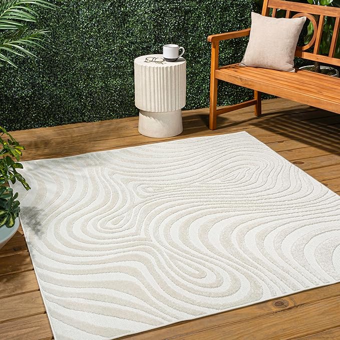 JONATHAN Y Maribo High-Low Abstract Striped Cream/Ivory 8x8 Square Indoor/Outdoor Area Rug, Pet Friendly, Non-Shedding, Stain Resistant, Easy-Cleaning for Backyard, Patio, Porch (SCN103A-8SQ)