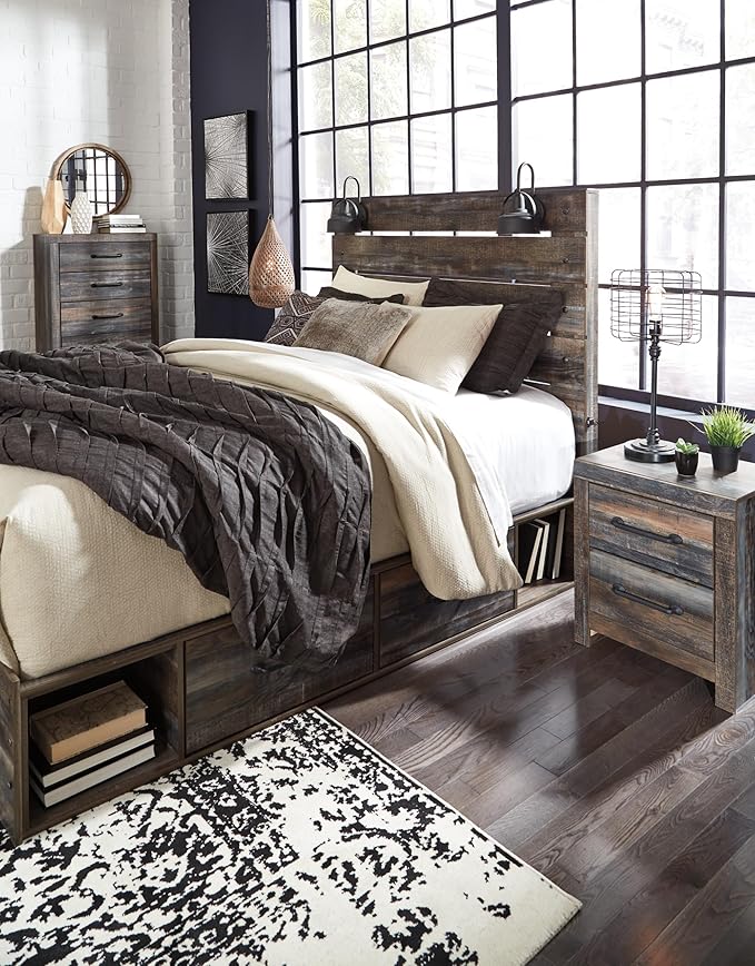 Signature Design by Ashley Drystan Rustic Queen Panel Platform Bed with 4 Storage Drawers, Open Cubbies, Sconce LED Lights and USB Ports, Foundation or Box Spring Not Needed, Dark Brown & Gray