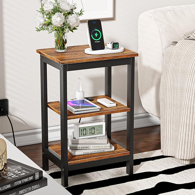 VECELO End Table with Charging Station and USB Ports, Small Wood Nightstand Modern Style, 24" Tall Living Room Side Table with 3-Tier Storage Shelves for Small Spaces, Office, Bedroom, Retro Brown