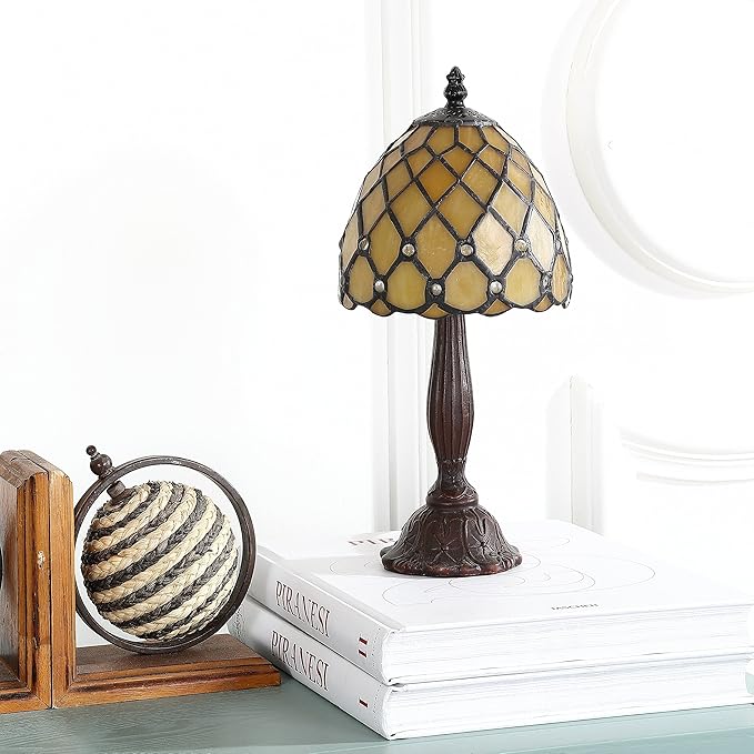 JONATHAN Y 12.5" Bronze Tiffany-Style LED Table Lamp, Handcrafted Ivory Stained Glass Bell Shade with Jewels, Traditional Resin Accent Lamp for Bedroom, LED Bulb Included JYL8015A