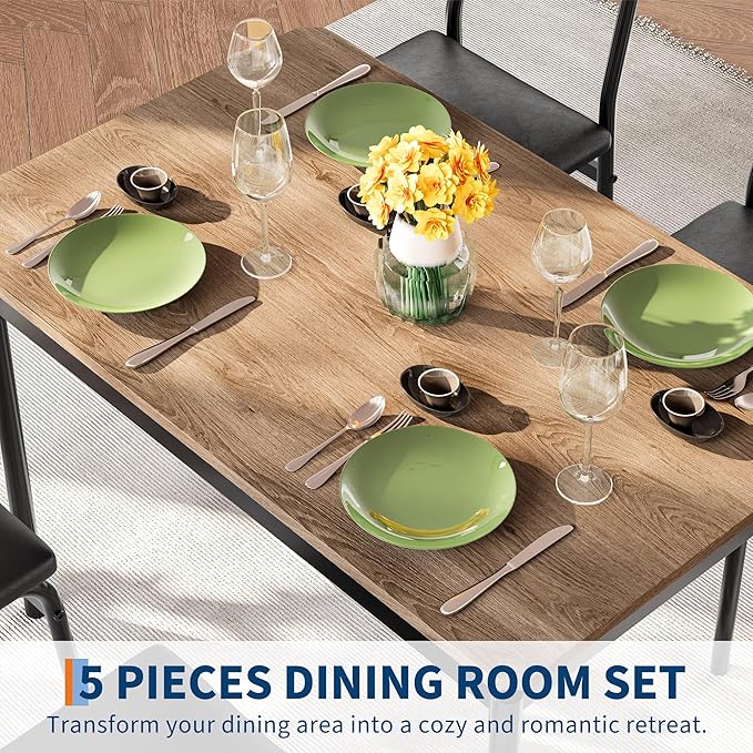 Garvee 5 Piece Dining Table Set, Wooden Kitchen Table Set with 4 PU Upholstered Chair, Industrial Metal Frame Dinette Set for Dining Room, Home Dinner, Party, Apartment, Studio, Black